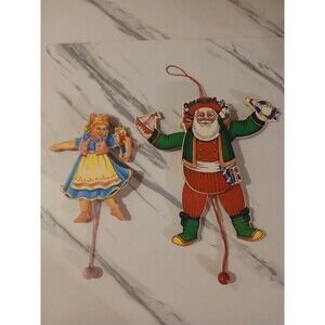 Lot Of 2 Vintage Pull String Puppet Ornaments Santa Little Girl Holiday Toy